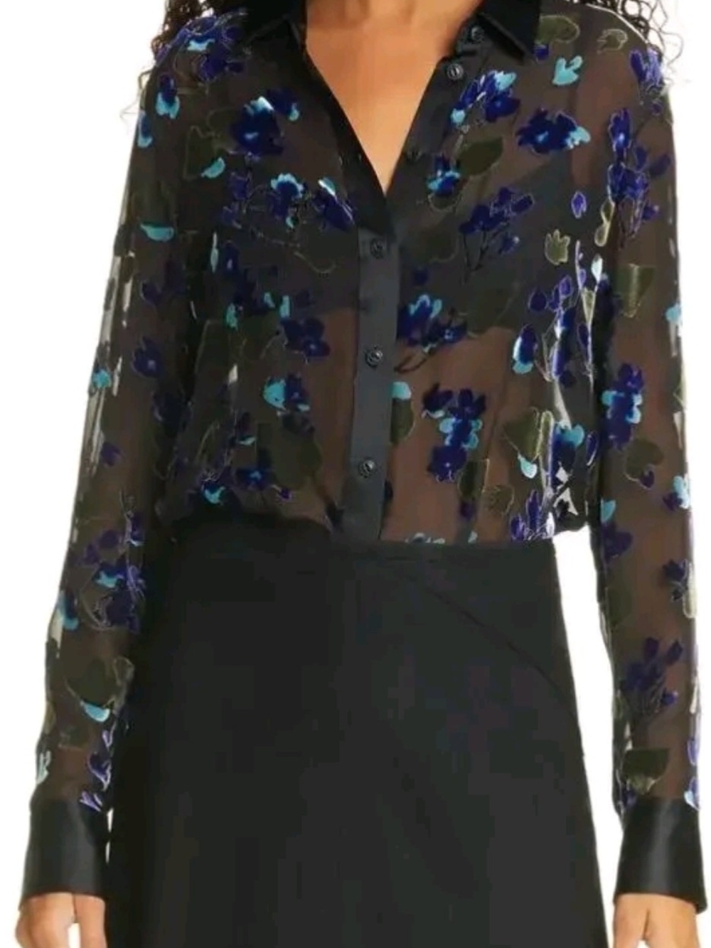 $375 MSRP, rag & bone Black Sheer Blouse with Blue Floral Embroidery